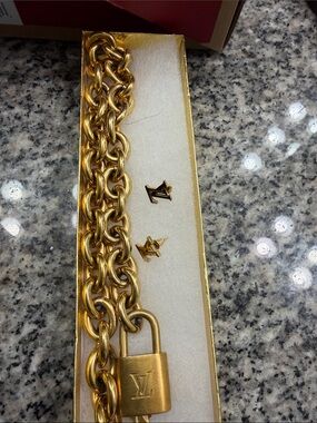 Louis Vuitton Gold Chain Bracelet with Padlock and LV Studs